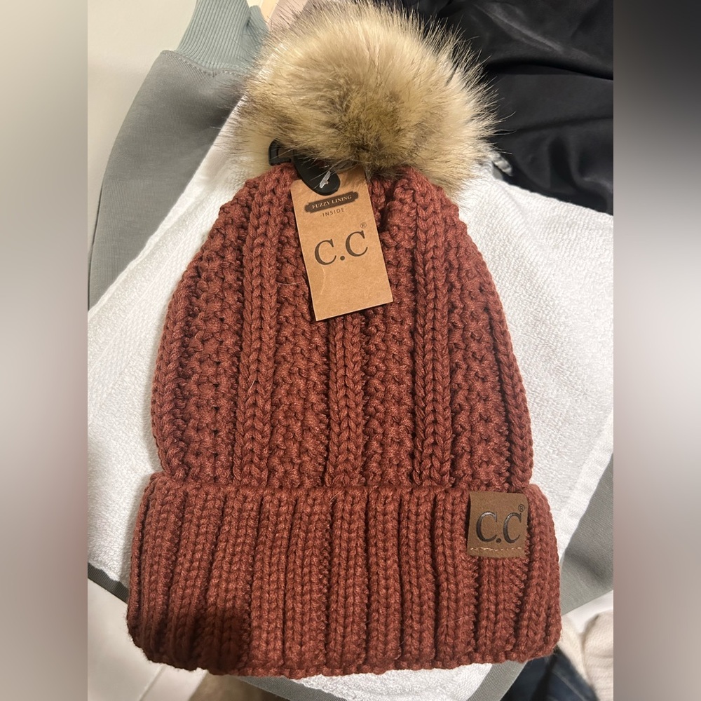 C.C Brown-Tan Knit Beanie with Faux Fur Pom. New with tag.